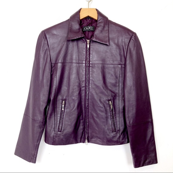 Vintage y2k purple leather jacket plum short cropped minimalist chic fitted - Picture 4 of 15